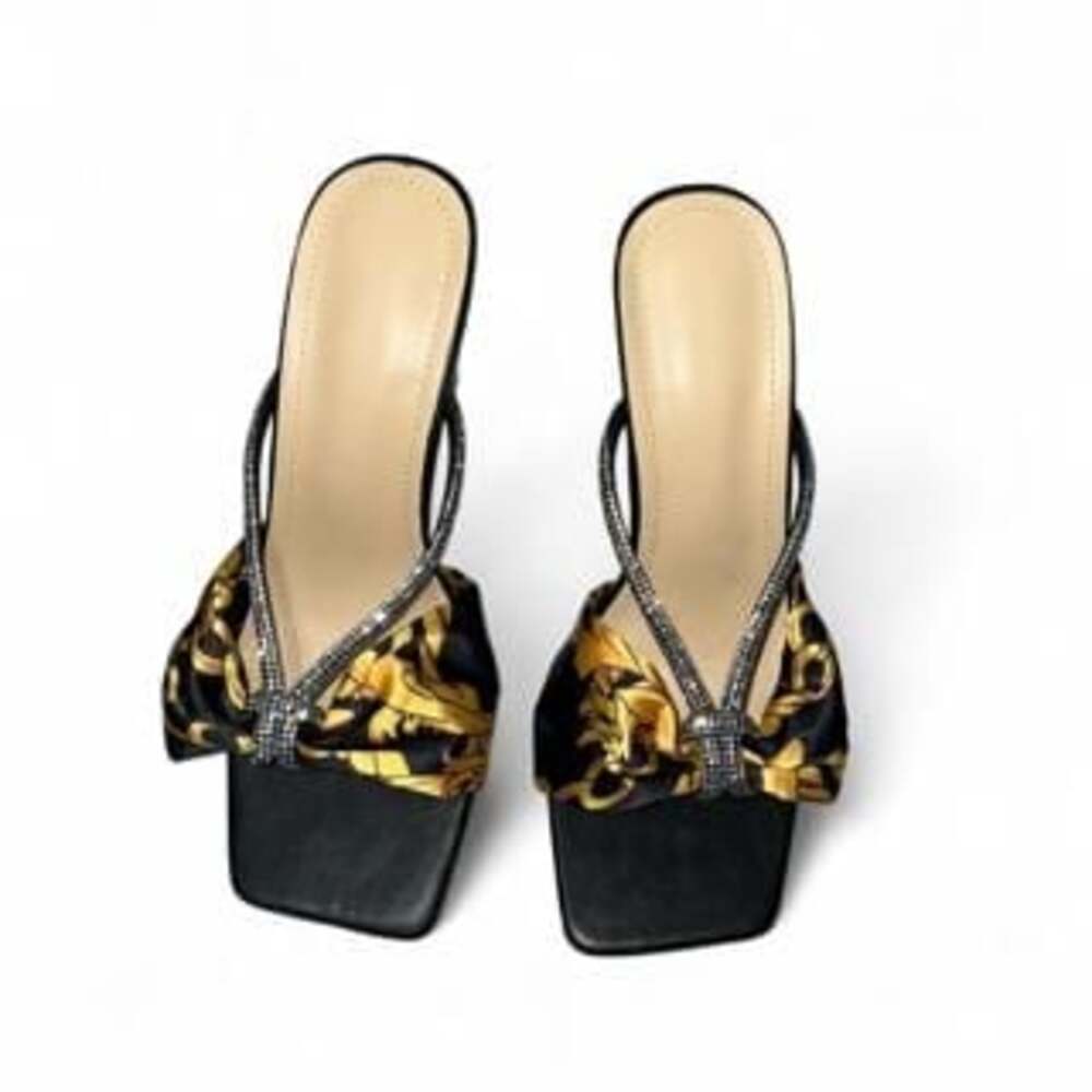 Black and Gold Rhinestone Bow Kitten Heels